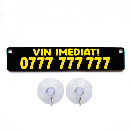 Placa personalizata neagra cu numarul de telefon + 2 ventuze prindere geam - Img 1
