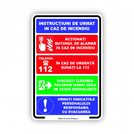 M102 Semn indicator, (instructiuni de urmat in caz de incendiu ), Tabla Aluminiu, Autocolant sau PVC