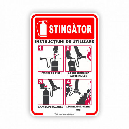 R241 Semn indicator, (INSTRUCȚIUNI DE UTILIZARE STINGĂTOR) Tabla aluminiu, Autocolant sau PVC