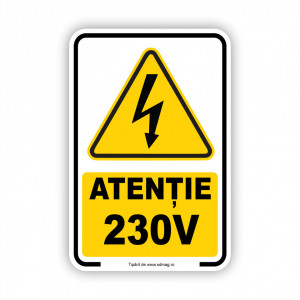 G114 Semn indicator, (atentie 230v), Tabla Aluminiu, Autocolant sau PVC