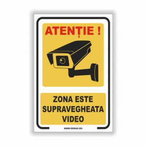 G124 Semn indicator, (atentie zona este supravegheata video), tabla aluminiu, Autocolant sau PVC