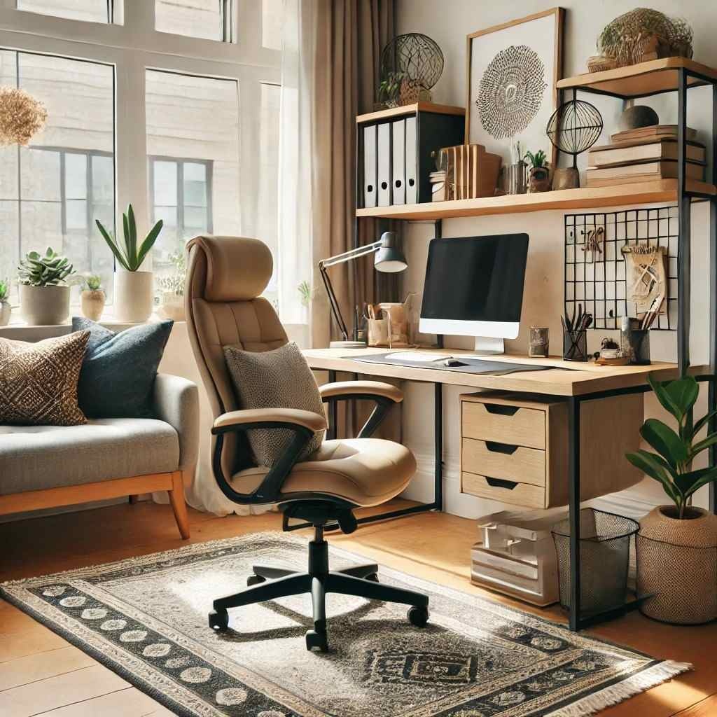 Un birou acasă stilat cu un birou confortabil, scaun ergonomic și decoratiuni moderne, creând un mediu productiv