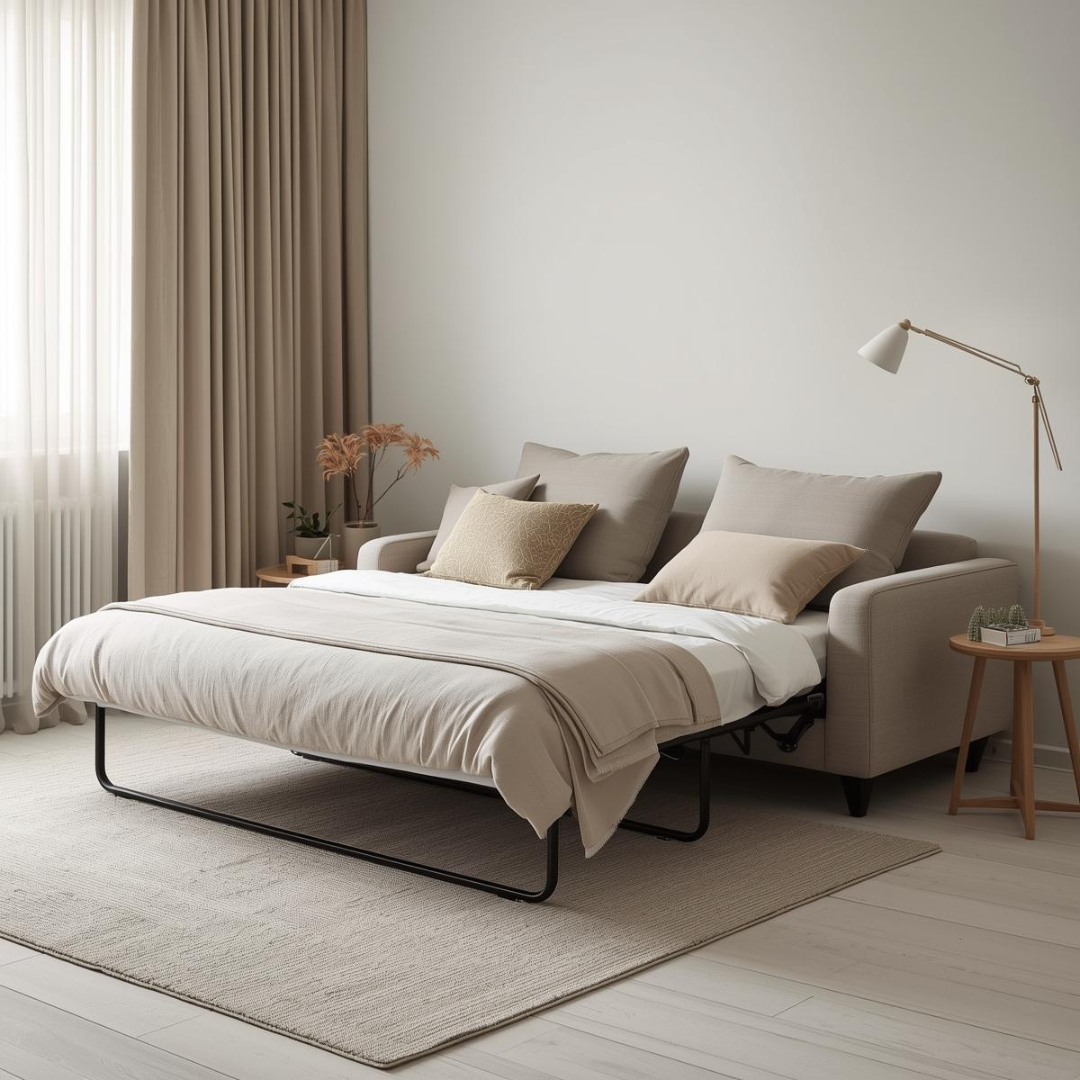 Canapea extensibilă bej desfăcută în poziție de dormit într-un living modern cu decor minimalist