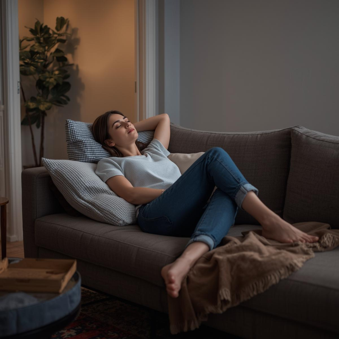 Canapea extensibilă utilizată pentru relaxare zilnică într-un living cu lumină caldă și decor modern