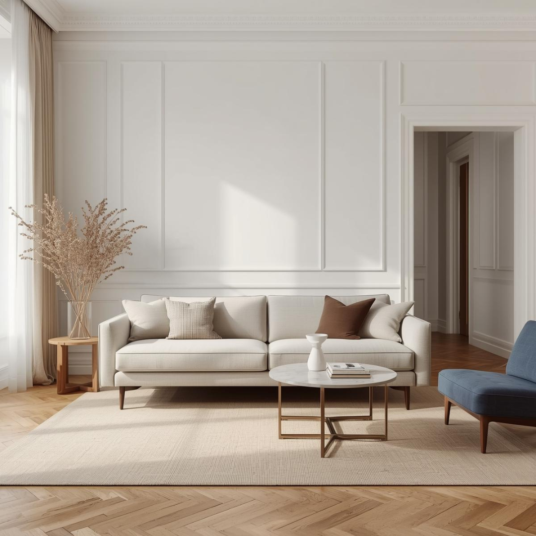 Living modern amenajat cu canapea extensibilă în nuanțe neutre și decor minimalist