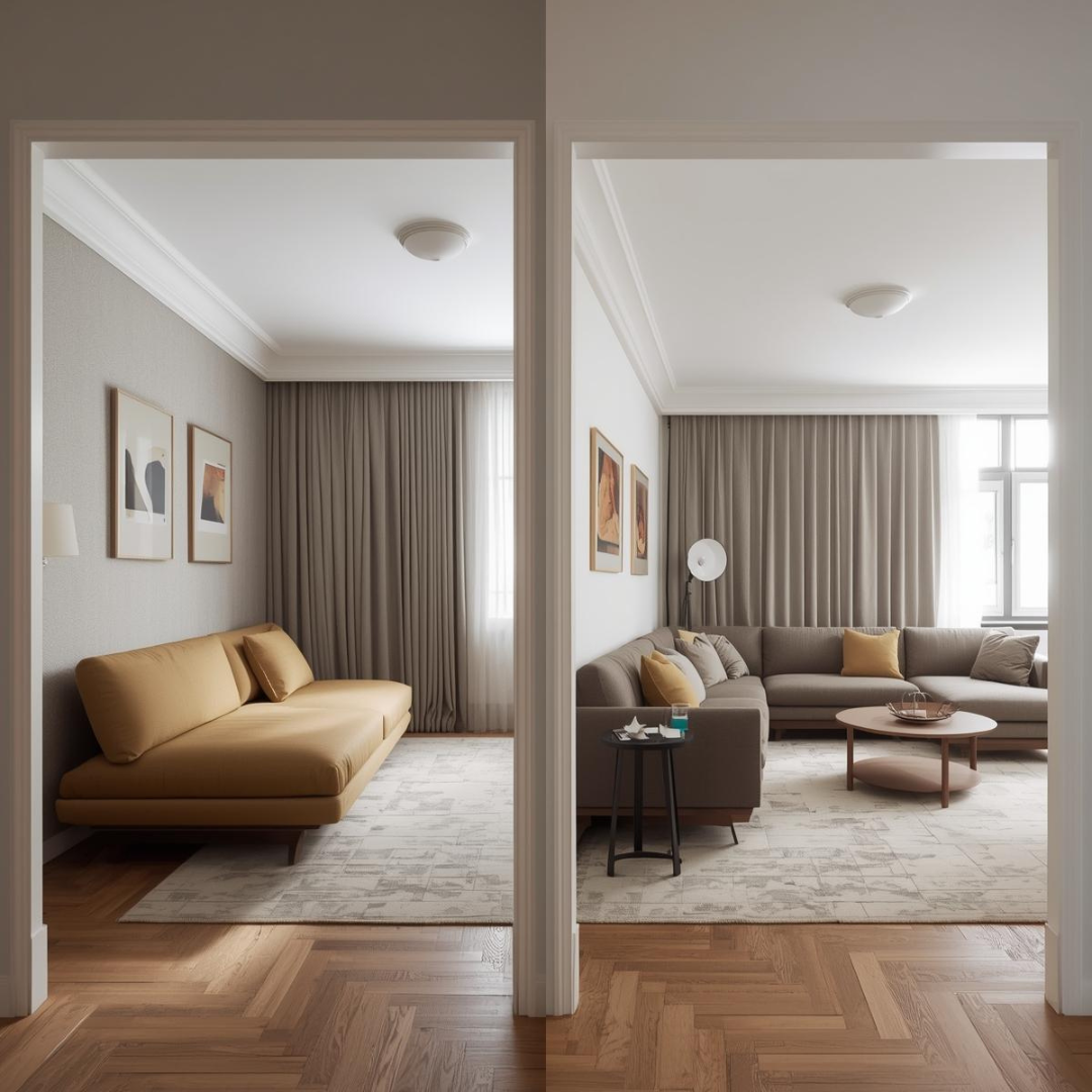 Comparație între canapea extensibilă poziționată pe perete drept și colțar extensibil amplasat pe colț într-un living