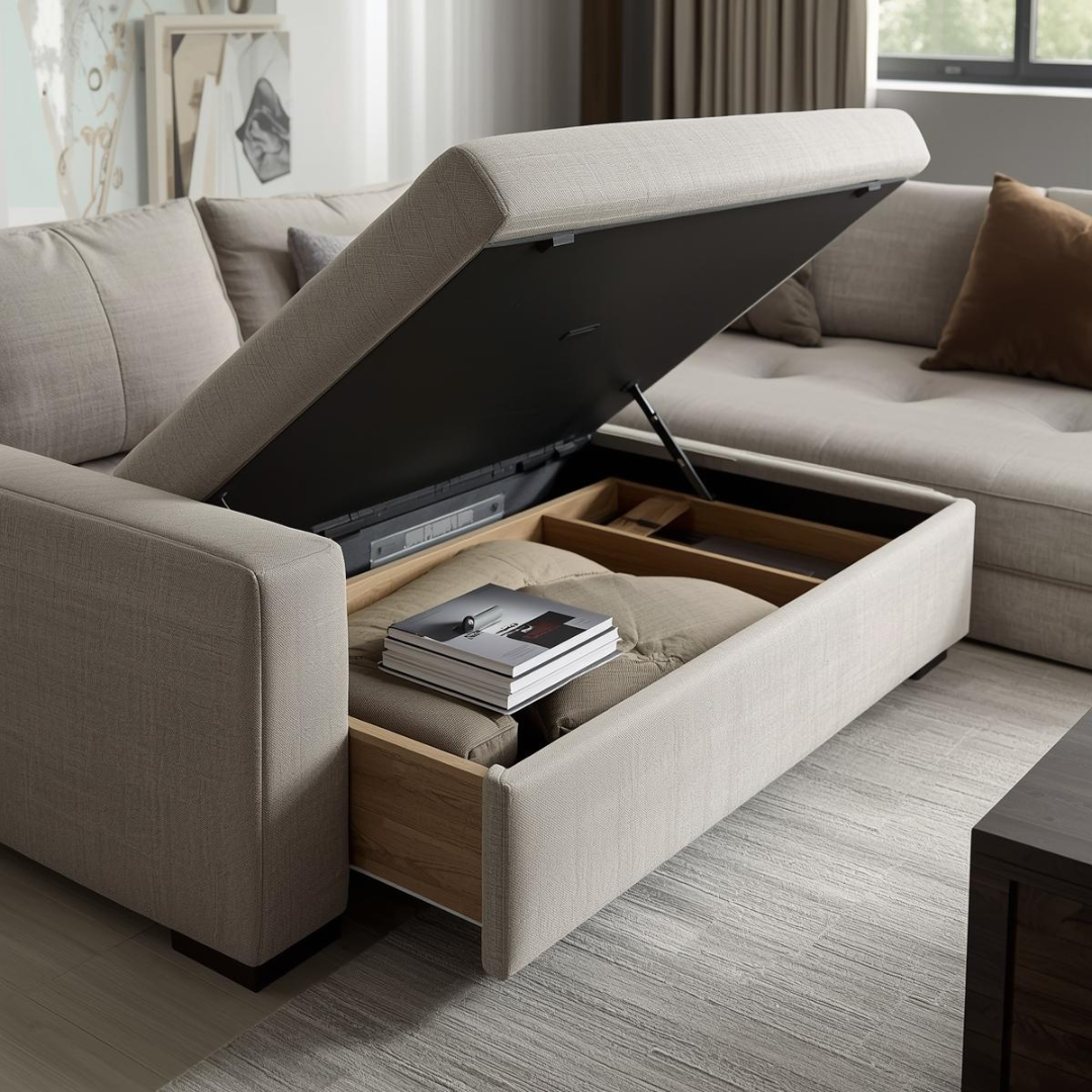 Colțar extensibil cu ladă de depozitare deschisă, evidențiind spațiul interior pentru lenjerii