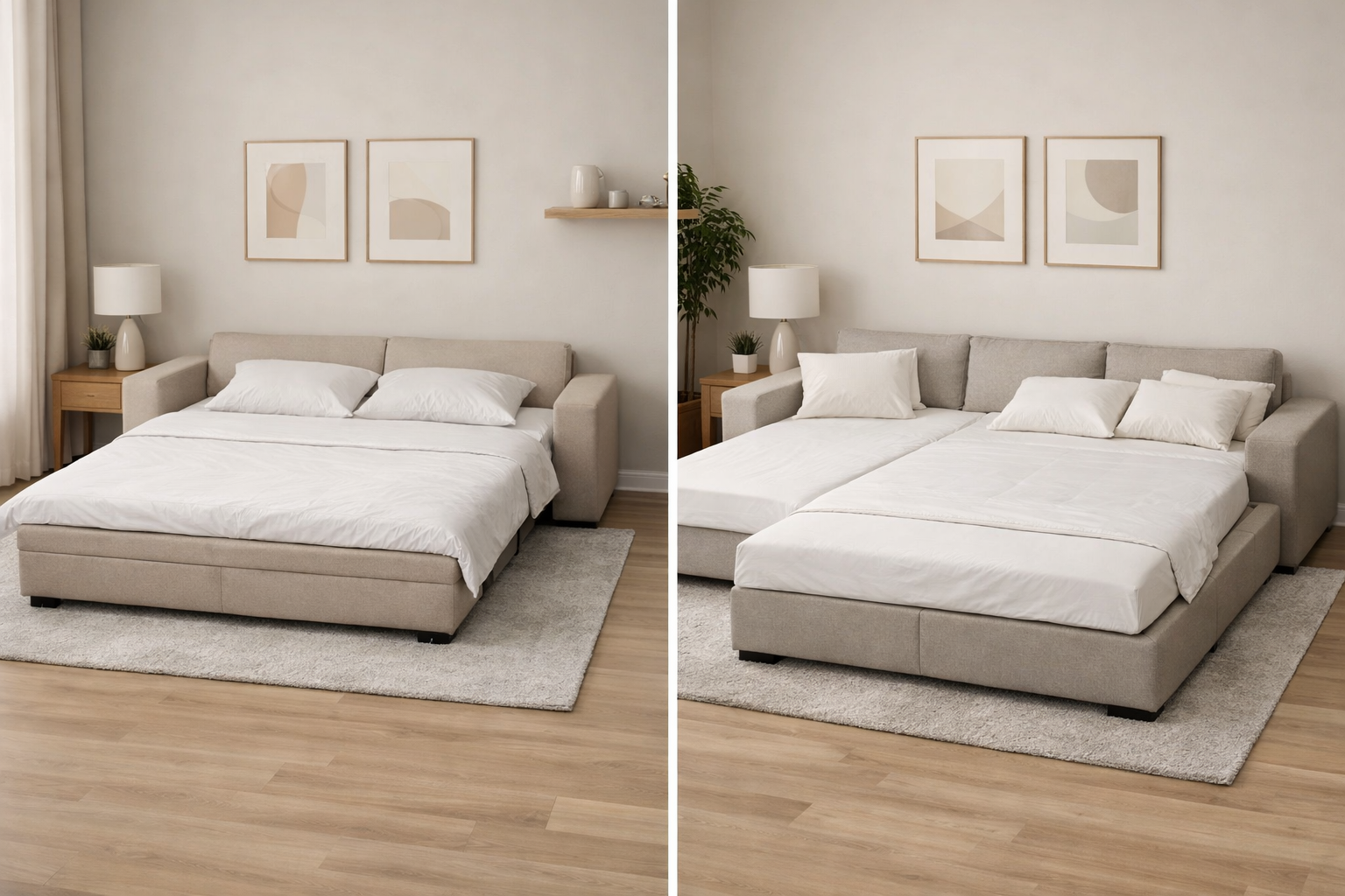 Comparație între canapea extensibilă desfăcută și colțar extensibil în formă de L, ambele pregătite pentru dormit într-un living modern