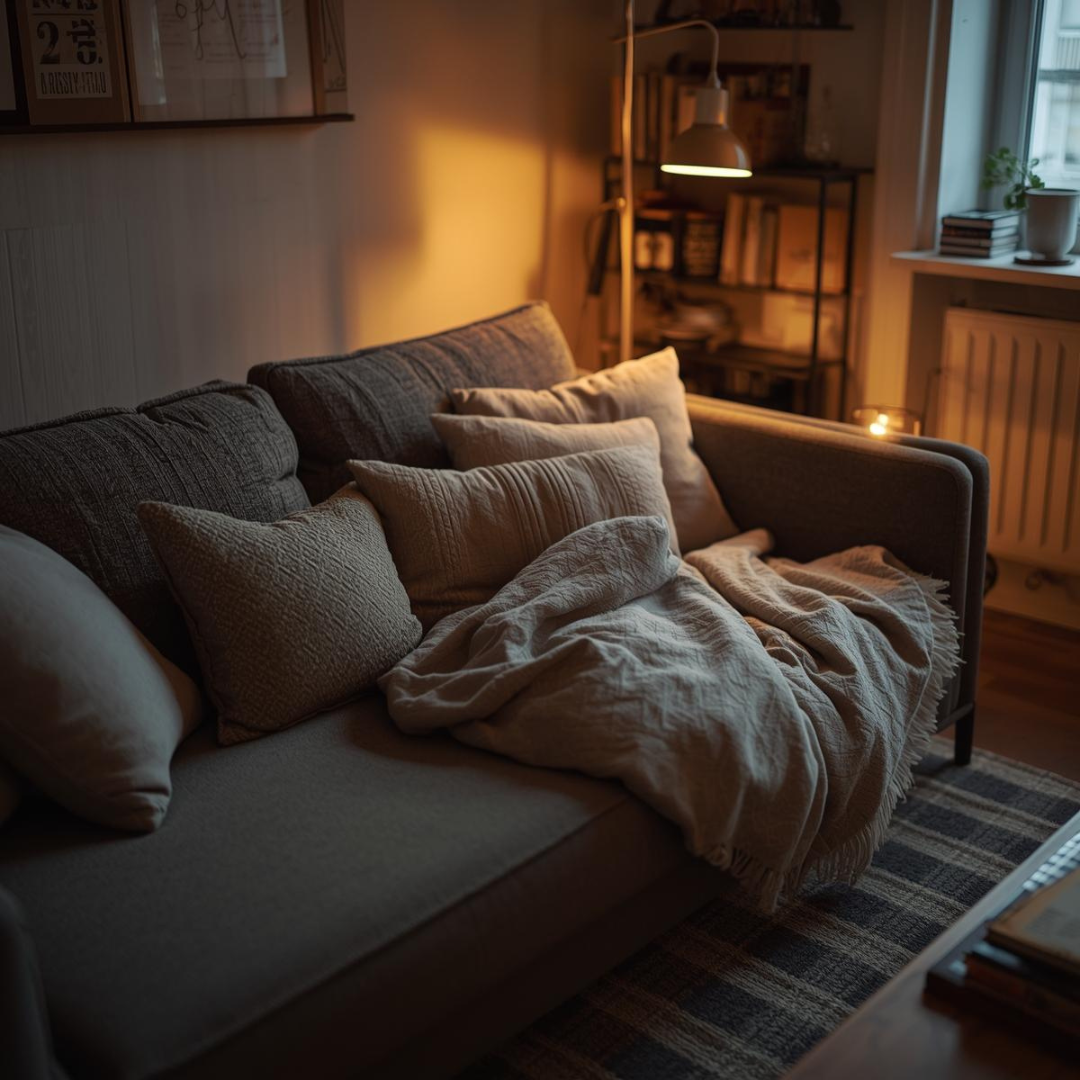 Canapea extensibilă folosită zilnic pentru dormit, cu perne și iluminare caldă într-un living confortabil