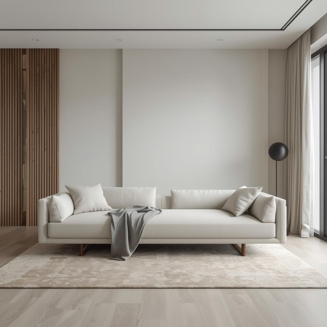 Living modern amenajat cu canapea extensibilă de calitate, cu design simplu și culori neutre