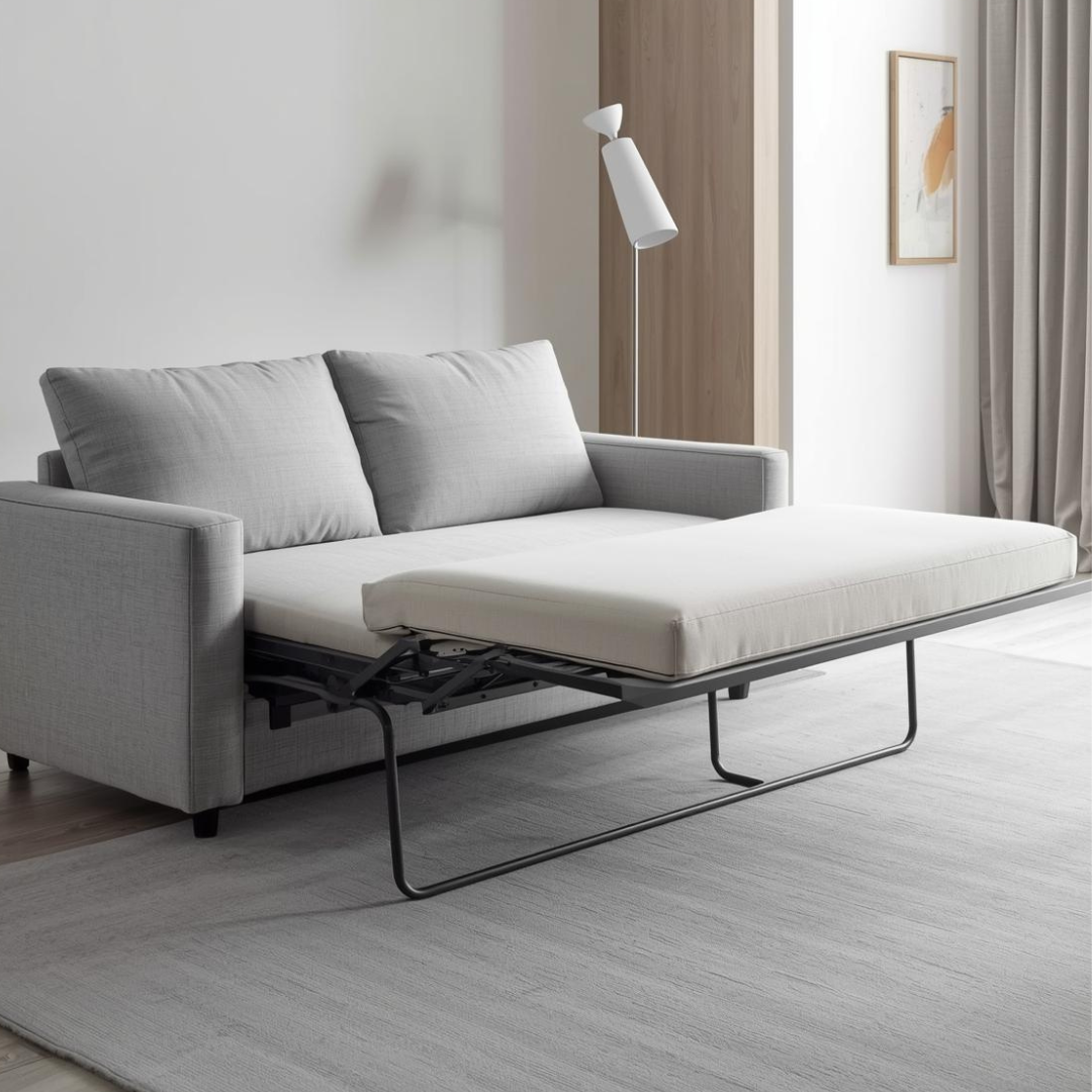 Canapea extensibilă surprinsă în timpul deschiderii, evidențiind mecanismul de extensie într-un interior modern