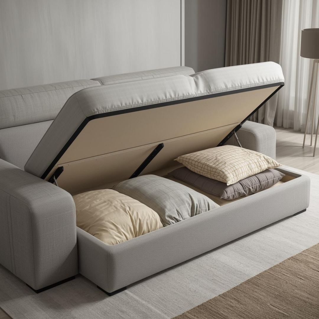 Canapea extensibilă cu ladă de depozitare deschisă, în care sunt așezate lenjerii într-un living modern