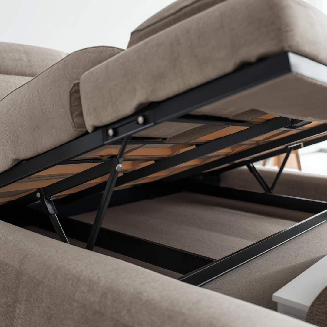Detaliu structură canapea extensibilă, cu cadru solid și elemente de susținere vizibile într-un living modern