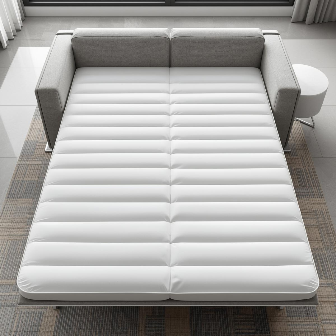 Suprafață de dormit uniformă a unei canapele extensibile, cu saltea dreaptă și lenjerie albă într-un living modern