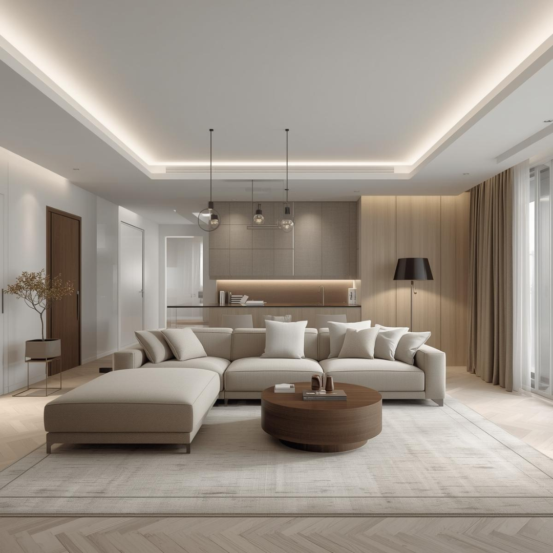 Colțar extensibil integrat într-un living modern, cu spațiu bine organizat și circulație aerisită