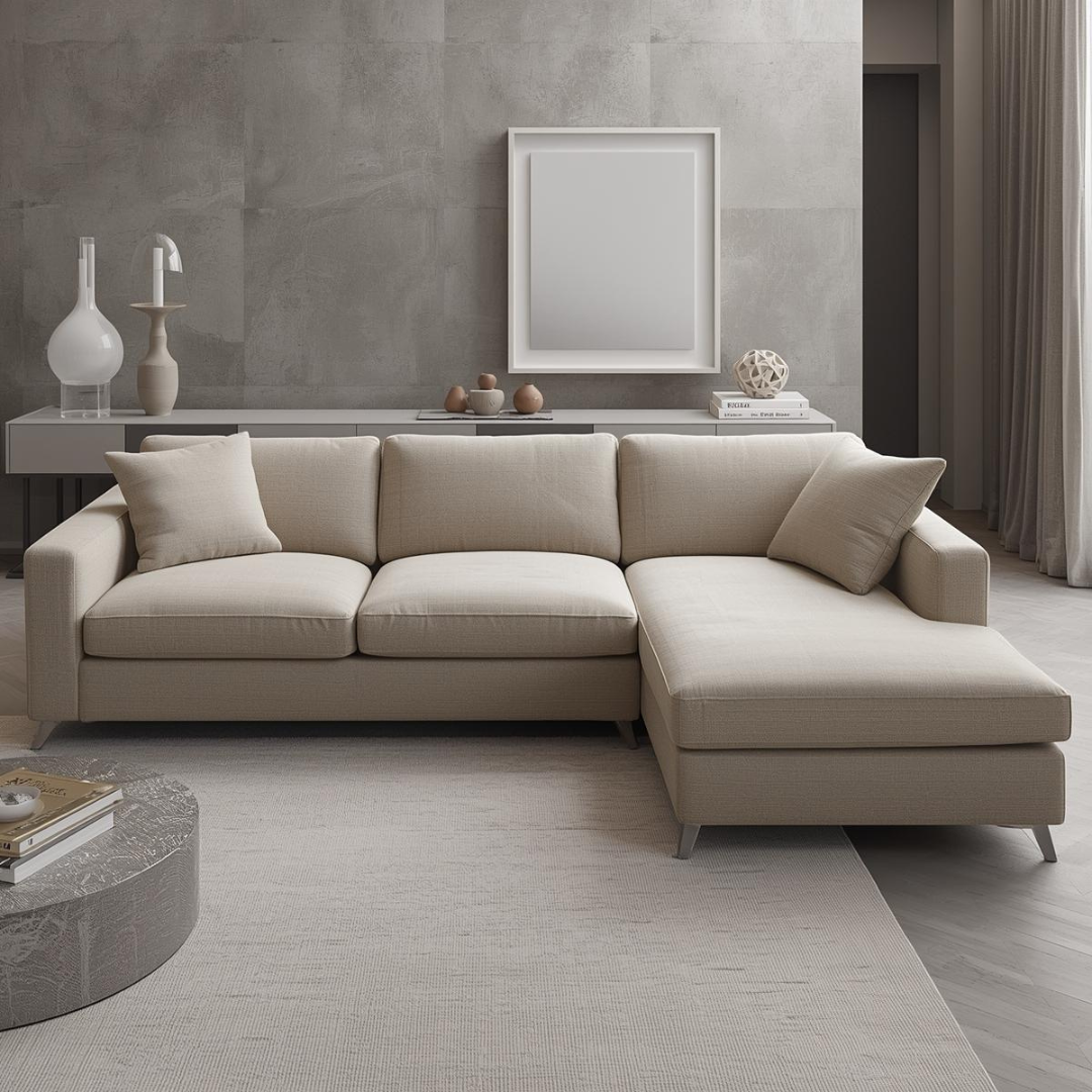 Colțar extensibil modern în formă de L, prezentat în poziție normală, într-un living contemporan cu decor minimalist