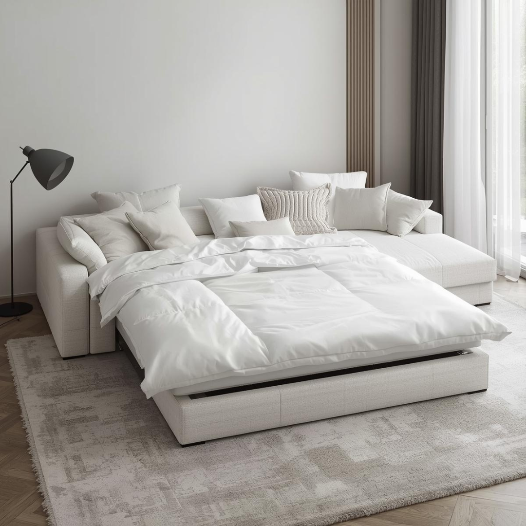 Colțar extensibil desfăcut în poziție de dormit, cu suprafață generoasă și lenjerie albă într-un living modern