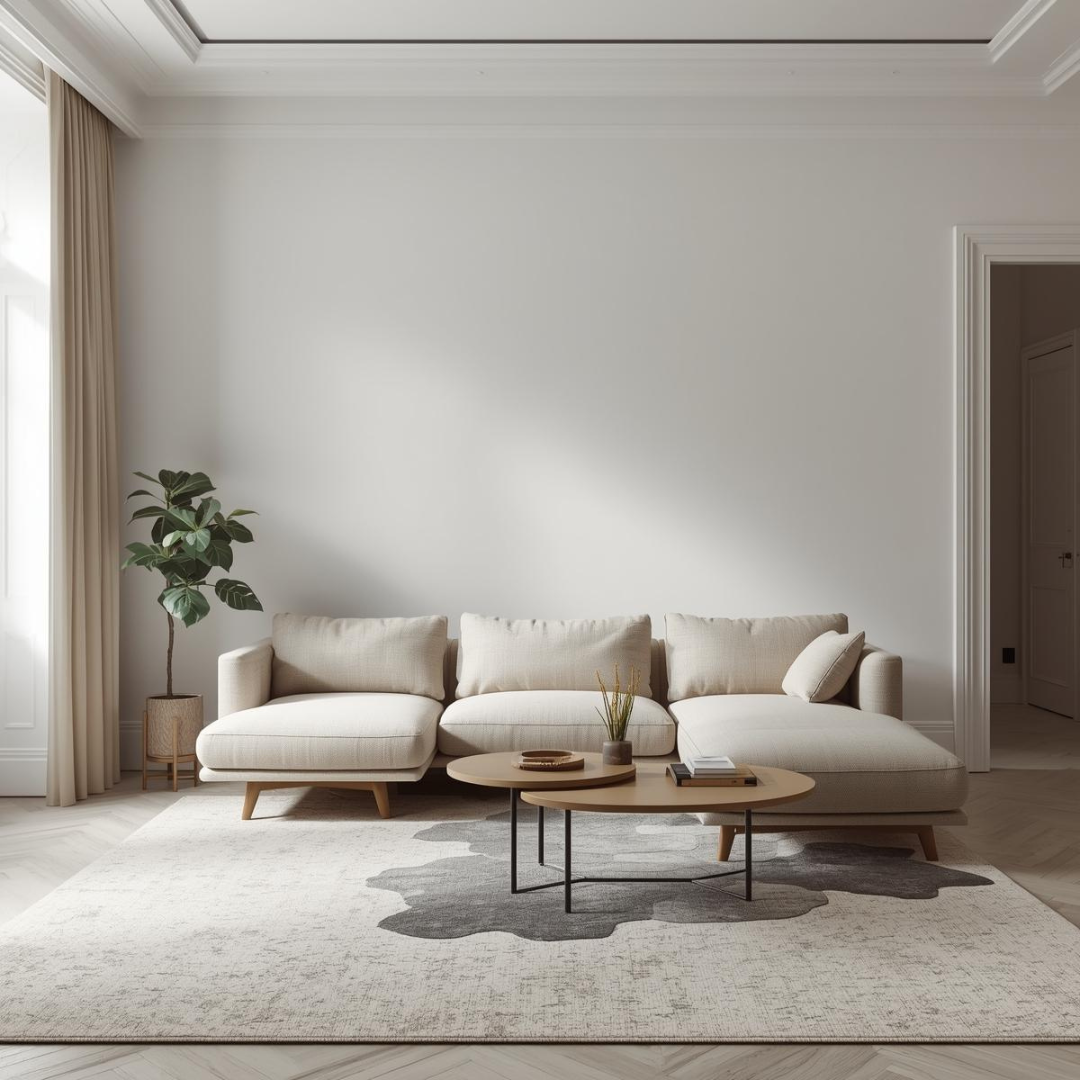 Living modern cu colțar extensibil în nuanțe neutre, mobilier din lemn și iluminare ambientală discretă