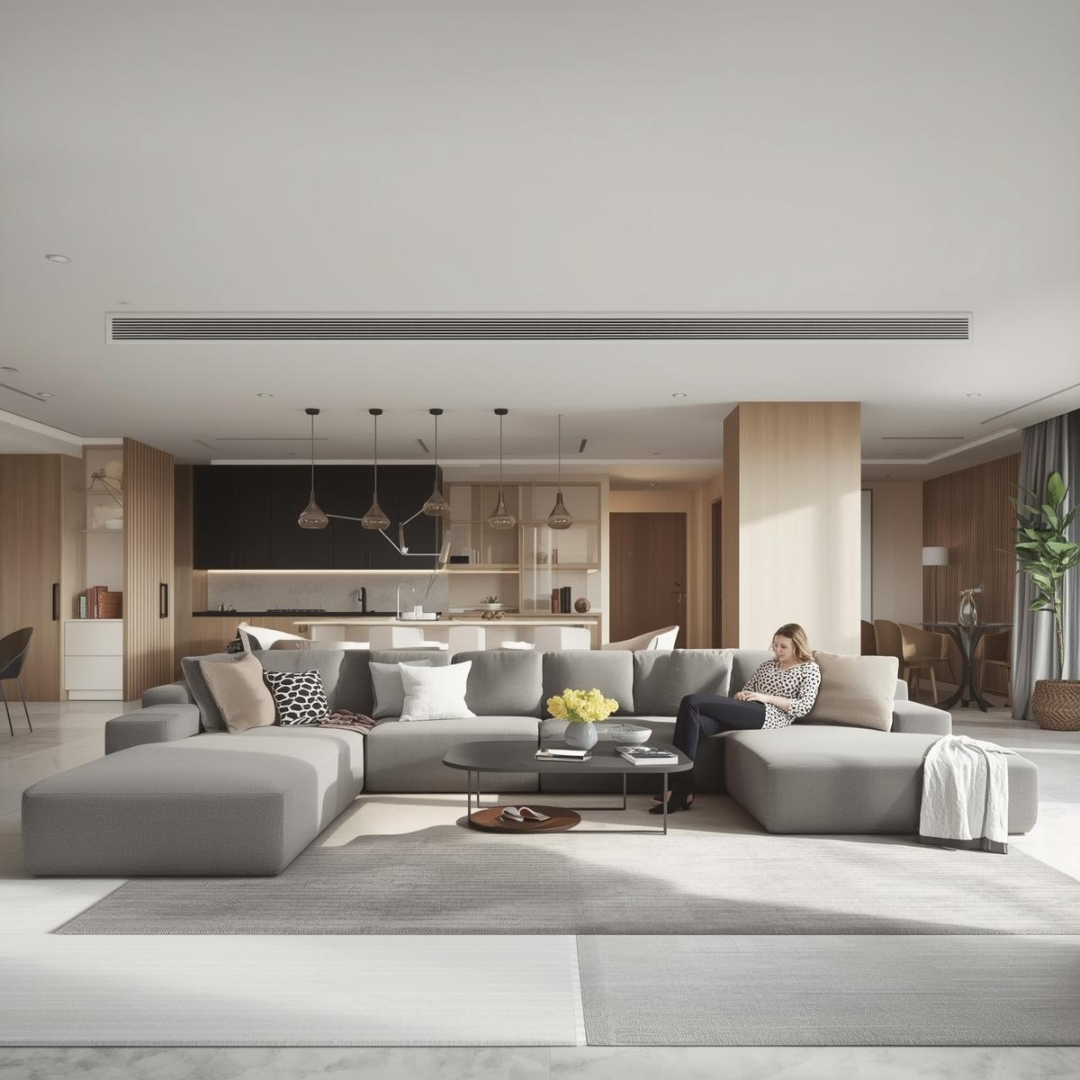 Living spațios amenajat cu colțar extensibil în formă de L, masă de cafea rotundă și covor decorativ