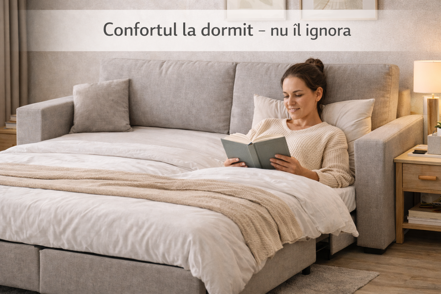 femeie citind o carte pe o canapea extensibilă desfăcută cu lenjerie albă și perne gri