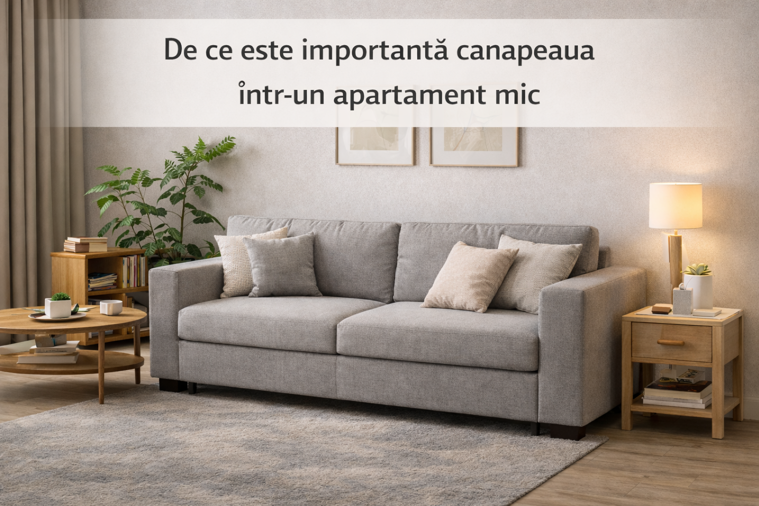 canapea fixă gri într-un living mic cu masă de cafea din lemn, bibliotecă joasă și plantă decorativă