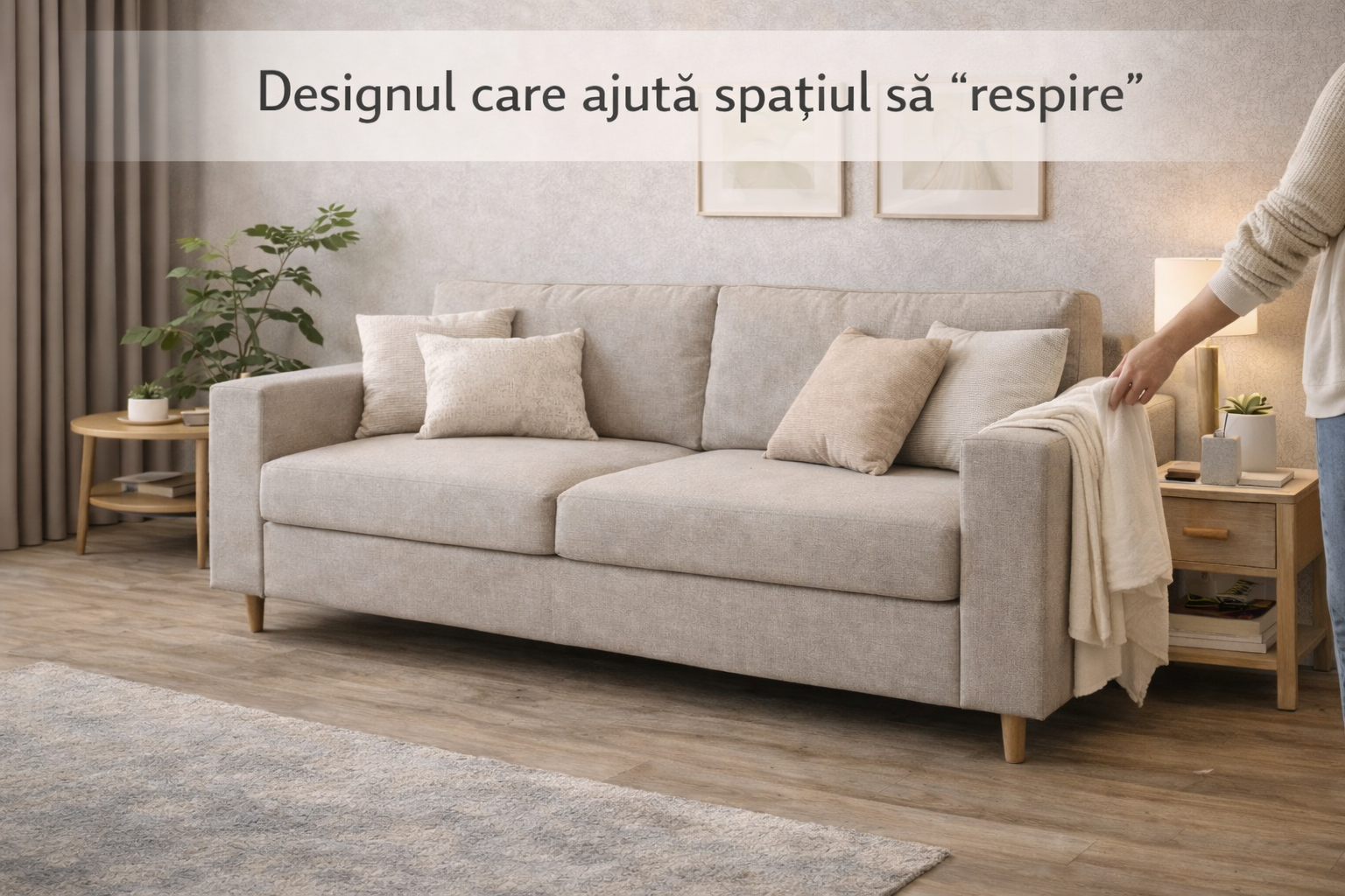 canapea bej cu picioare din lemn într-un living luminos, cu perne deschise la culoare și decor minimalist