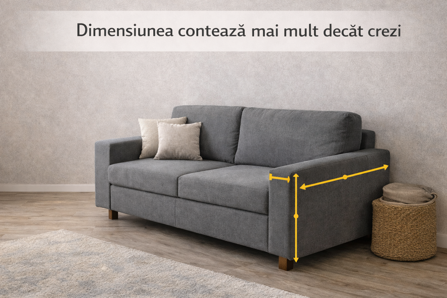 canapea gri văzută lateral cu marcaje grafice pentru lățime și înălțime într-o cameră cu podea din lemn