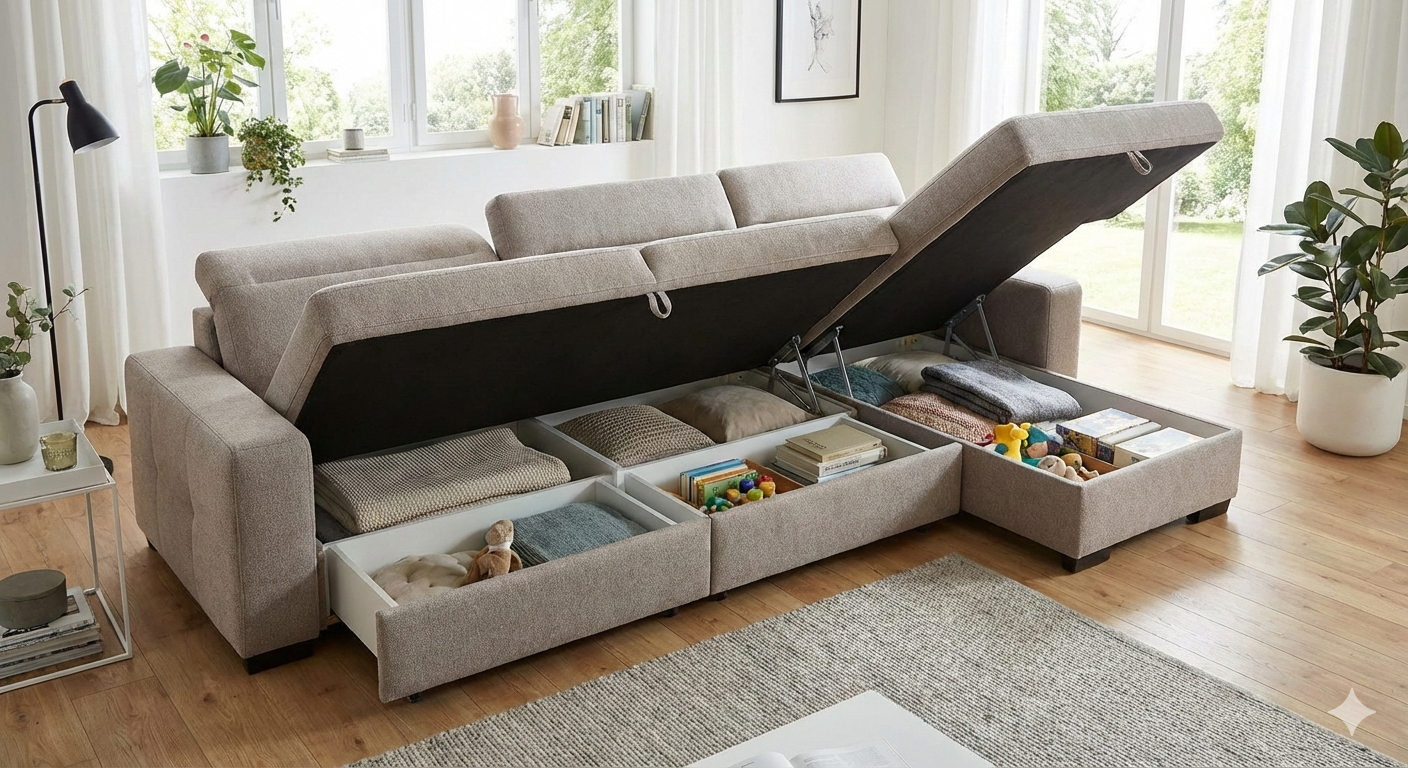 ladă de depozitare deschisă sub canapea extensibilă gri cu pături și perne pliate în interior