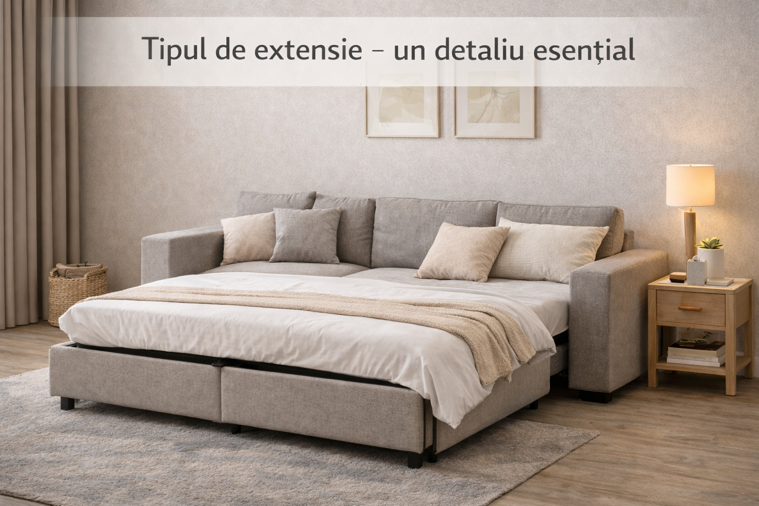 canapea extensibilă gri complet desfăcută cu lenjerie albă și perne bej într-un living modern