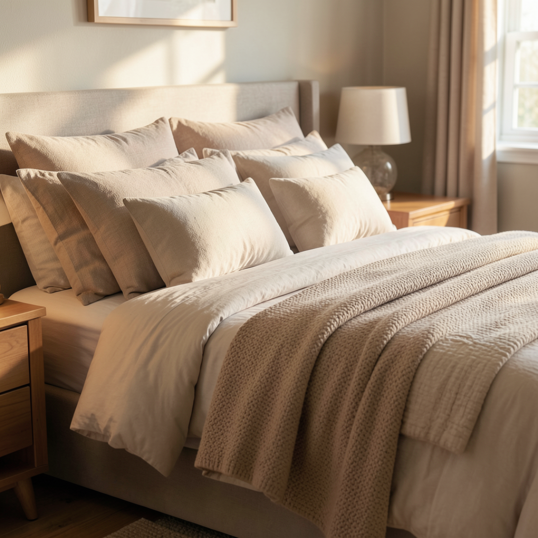 Pat pregătit pentru dormit, cu perne și lenjerie aranjate într-un dormitor luminos