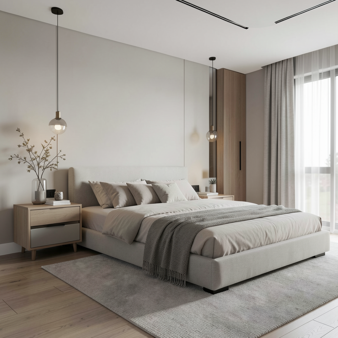 Dormitor modern cu pat ales corect, mobilier bine proporționat și atmosferă calmă