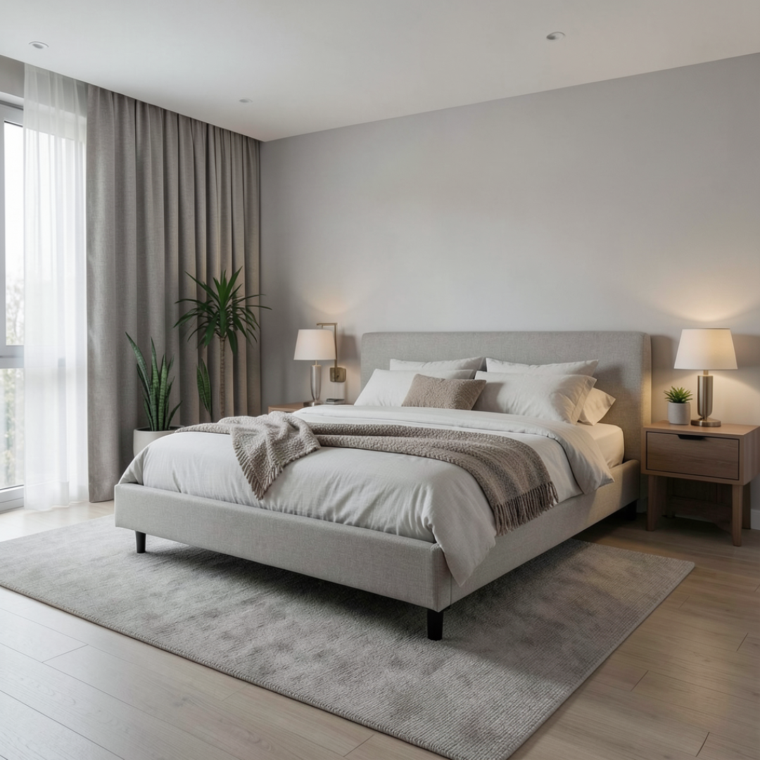 Pat amplasat proporțional într-un dormitor modern, cu spațiu liber pentru circulație