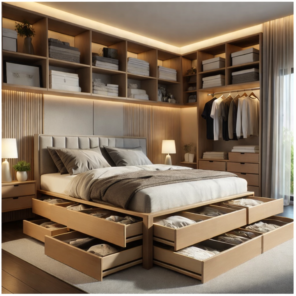 Pat cu ladă de depozitare deschisă, cu lenjerii depozitate într-un dormitor modern