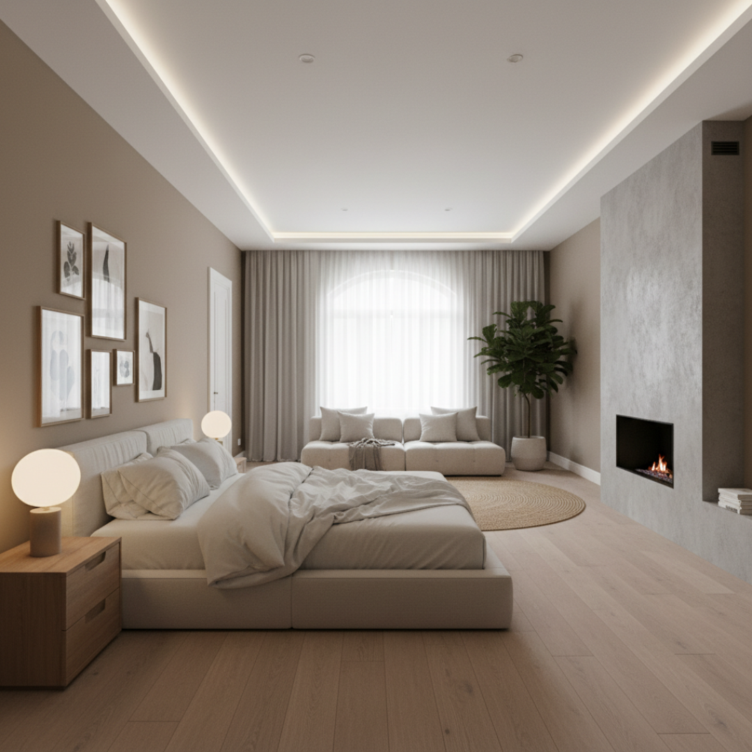 Pat de dimensiuni generoase într-un dormitor aerisit, cu spațiu pentru mișcare