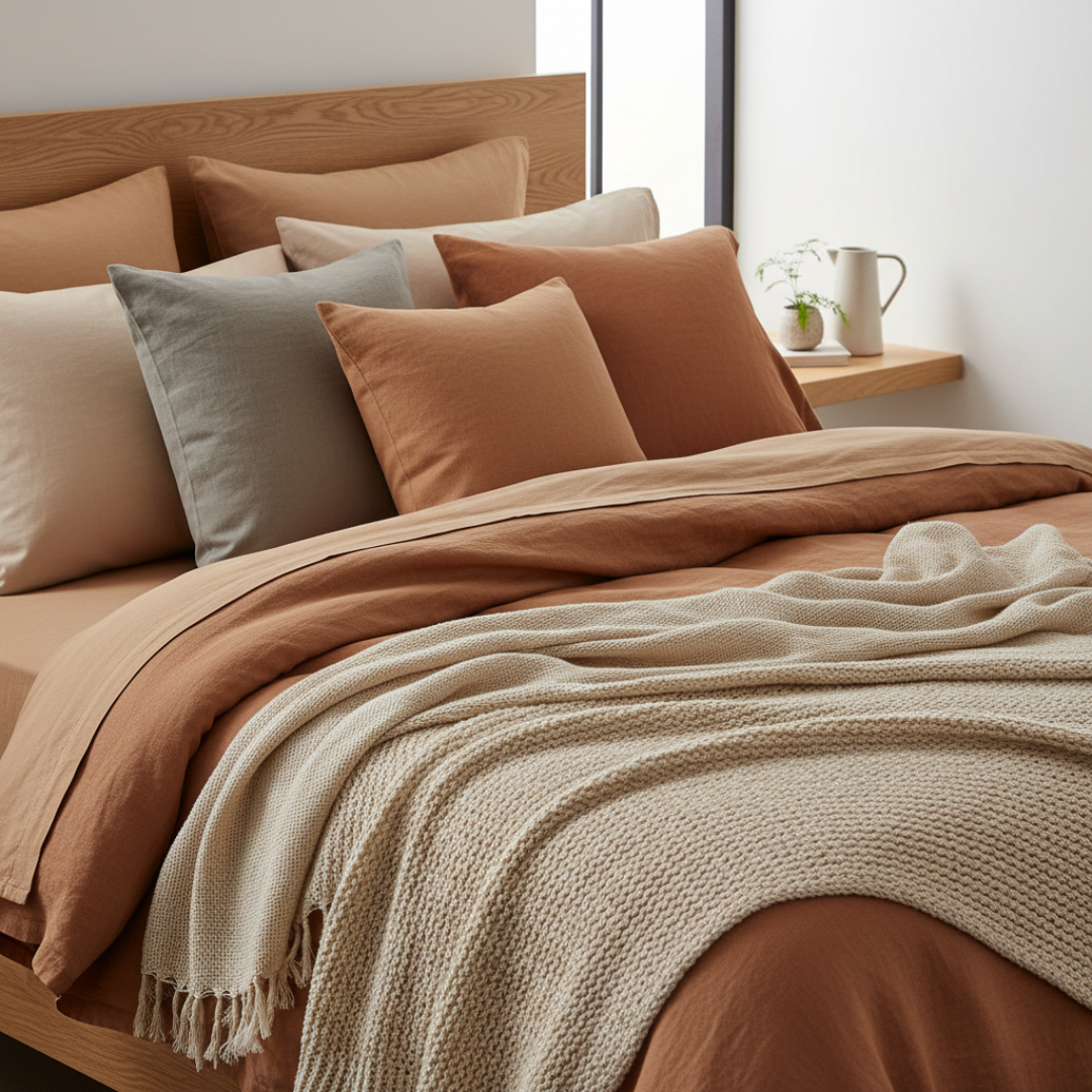 Detaliu de materiale textile și finisaje ale patului, evidențiind confortul termic