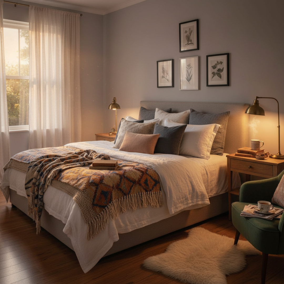 Dormitor confortabil cu pat pregătit pentru relaxare și somn odihnitor