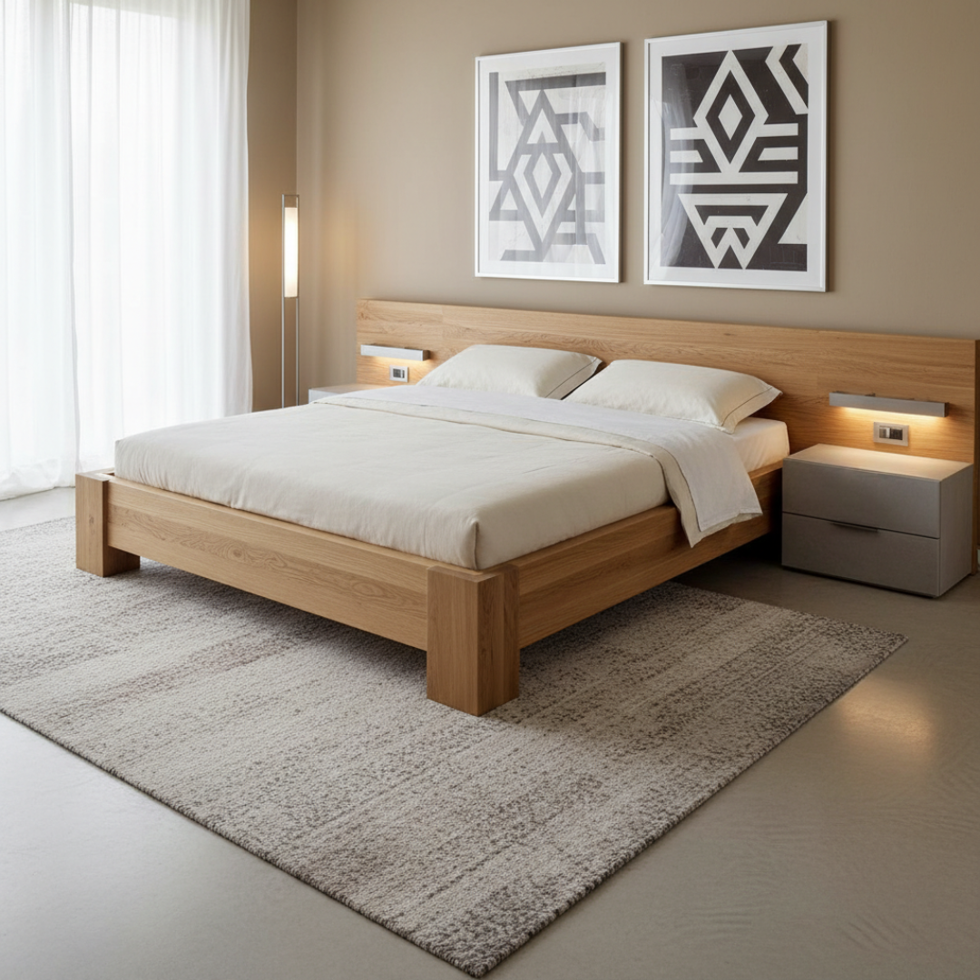 Pat stabil cu structură solidă într-un dormitor contemporan