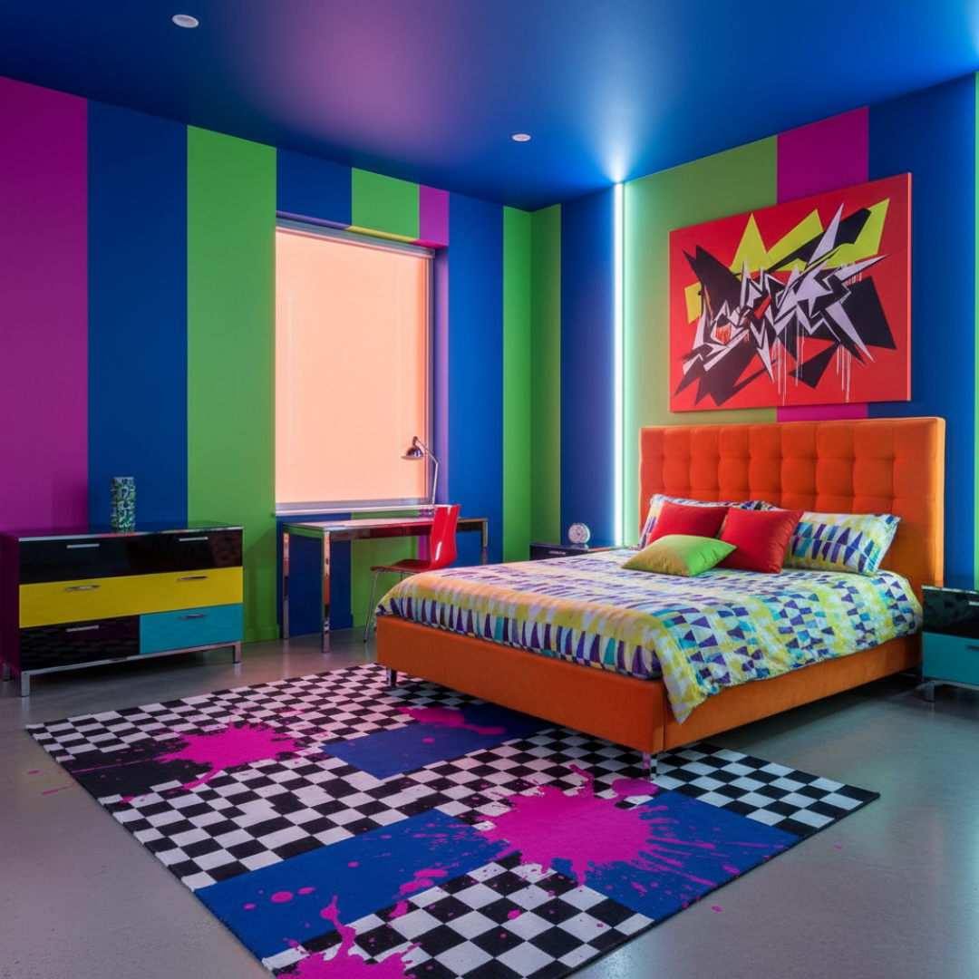 Dormitor cu culori intense și contrastante, care afectează atmosfera de relaxare