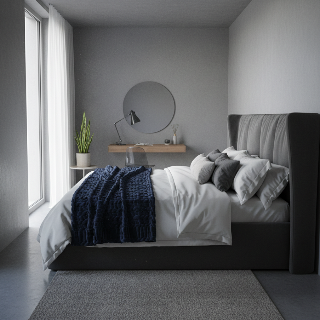 Dormitor mic cu pat supradimensionat, care ocupă prea mult spațiu