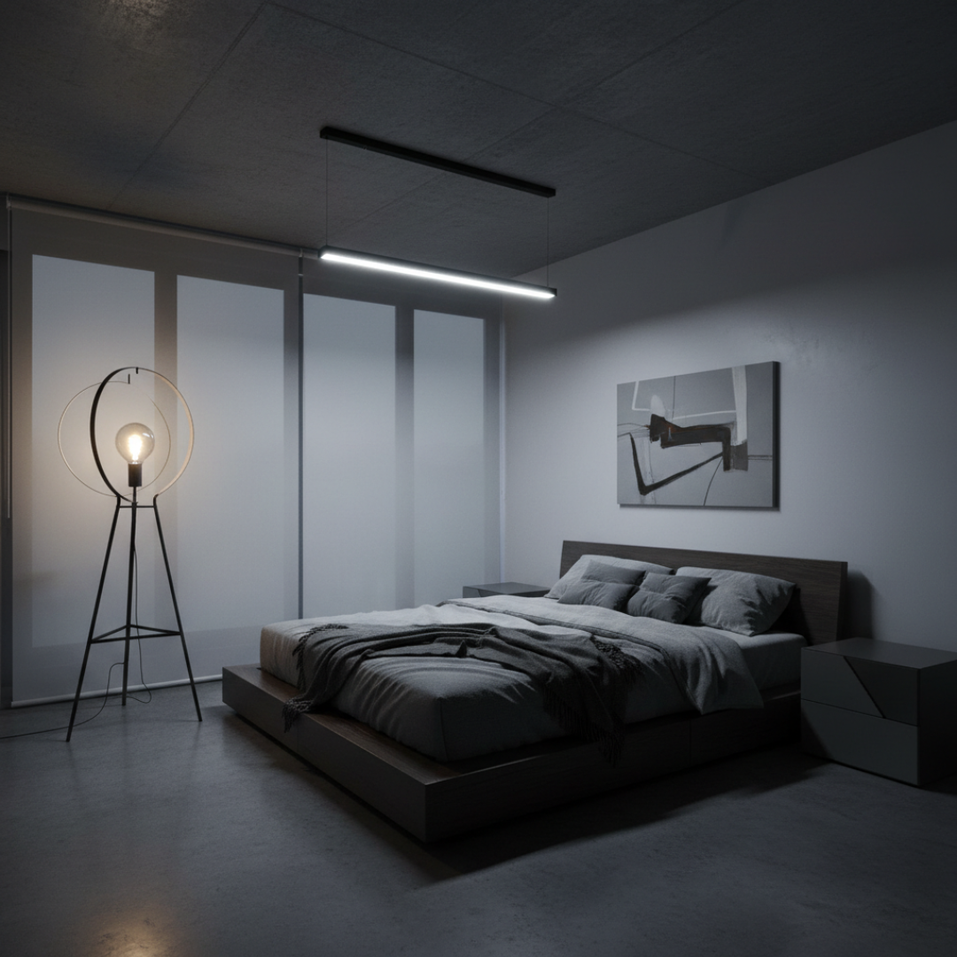 Dormitor cu iluminare prea puternică, care creează o atmosferă obositoare