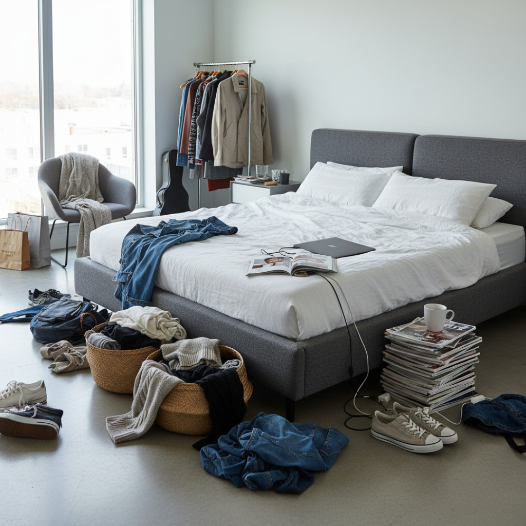 Dormitor dezorganizat din cauza lipsei spațiilor de depozitare