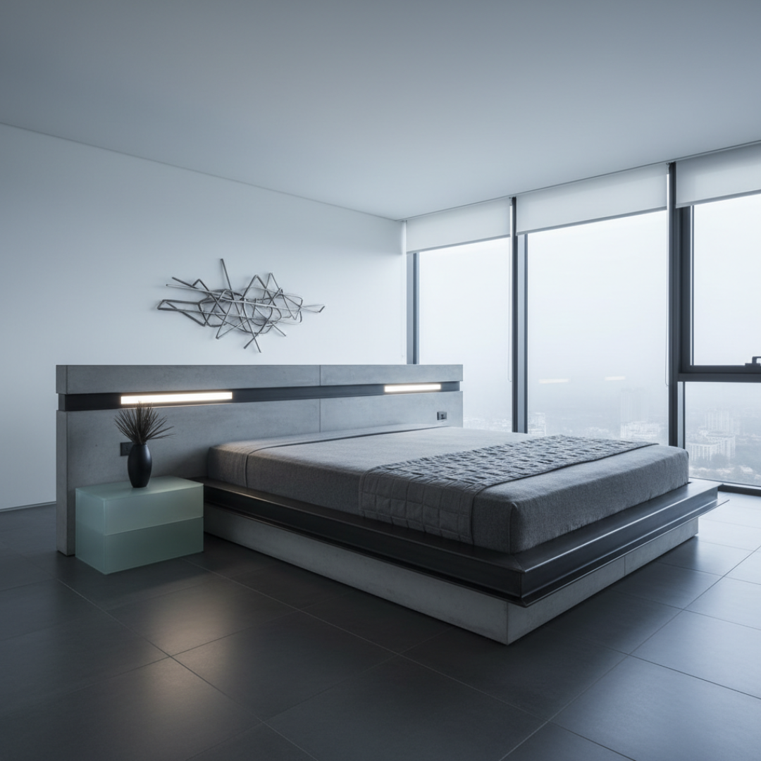 Dormitor modern cu pat elegant, dar rigid și incomod pentru utilizare zilnică