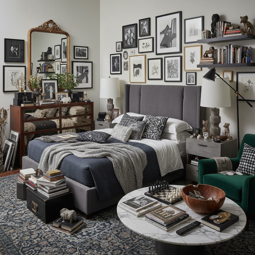 Dormitor mic supraaglomerat cu mobilier și obiecte decorative