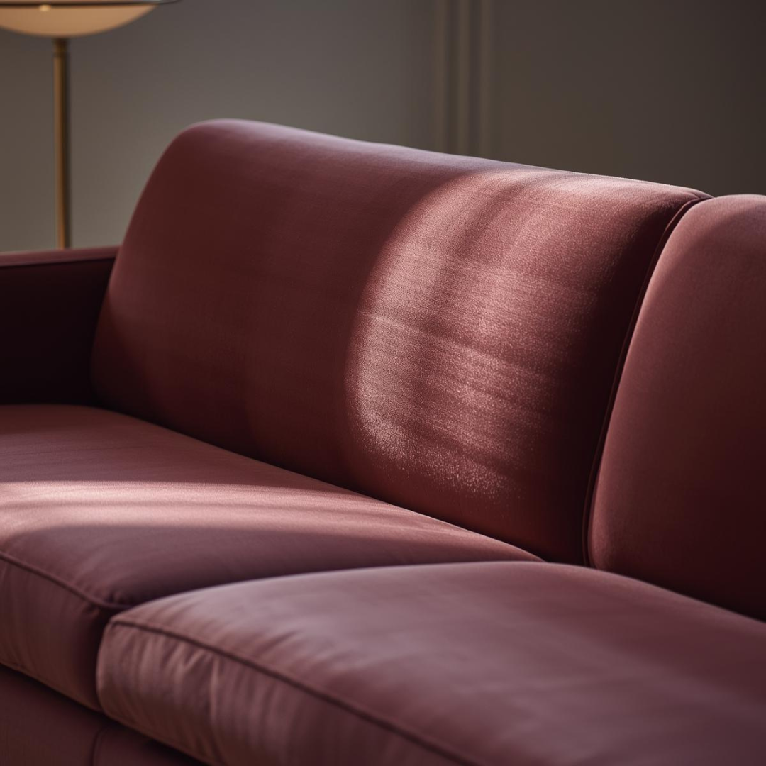Canapea din catifea cu finisaj elegant, evidențiind textura moale a materialului într-un living modern
