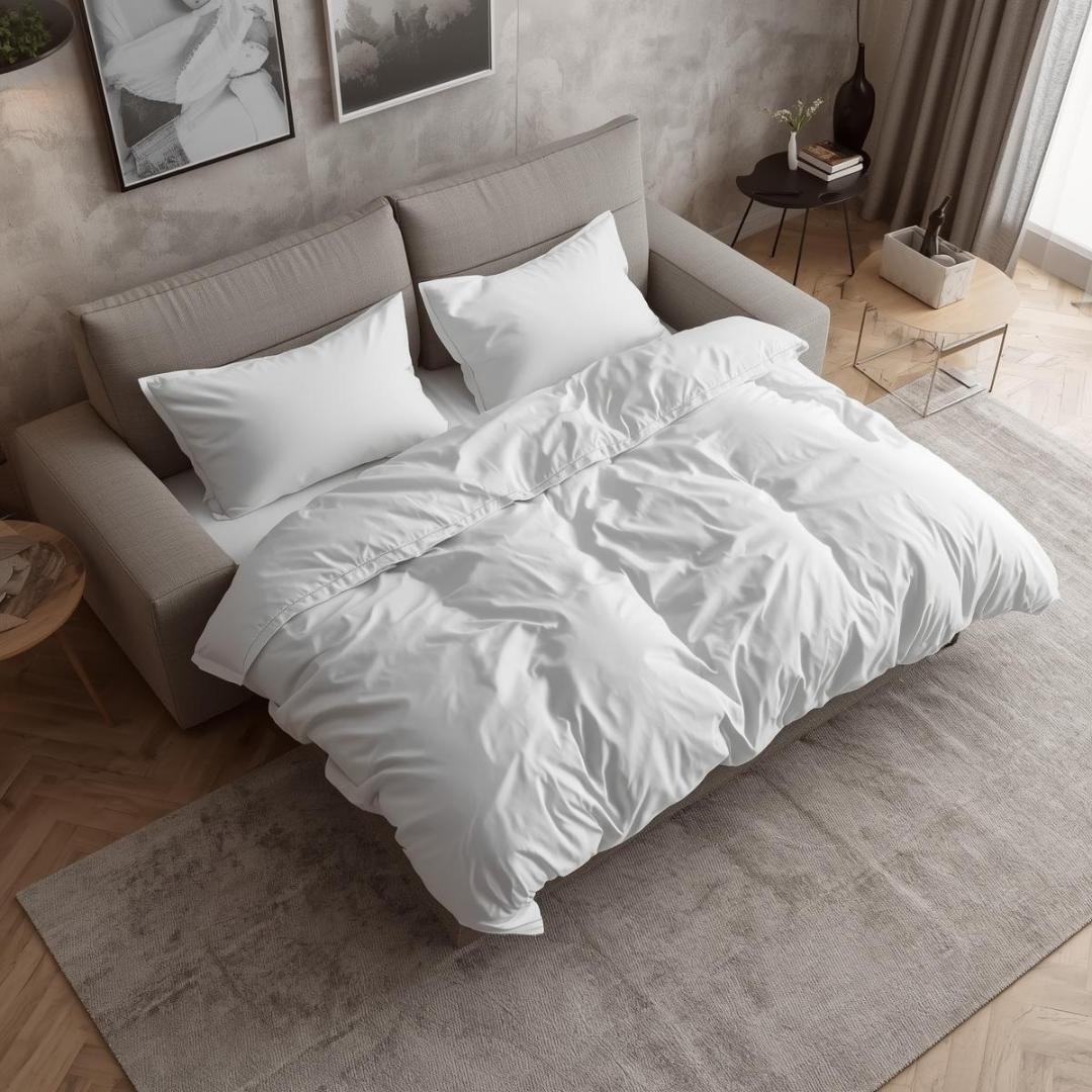 Canapea extensibilă desfăcută pentru dormit, tapițată cu material textil, într-un living modern