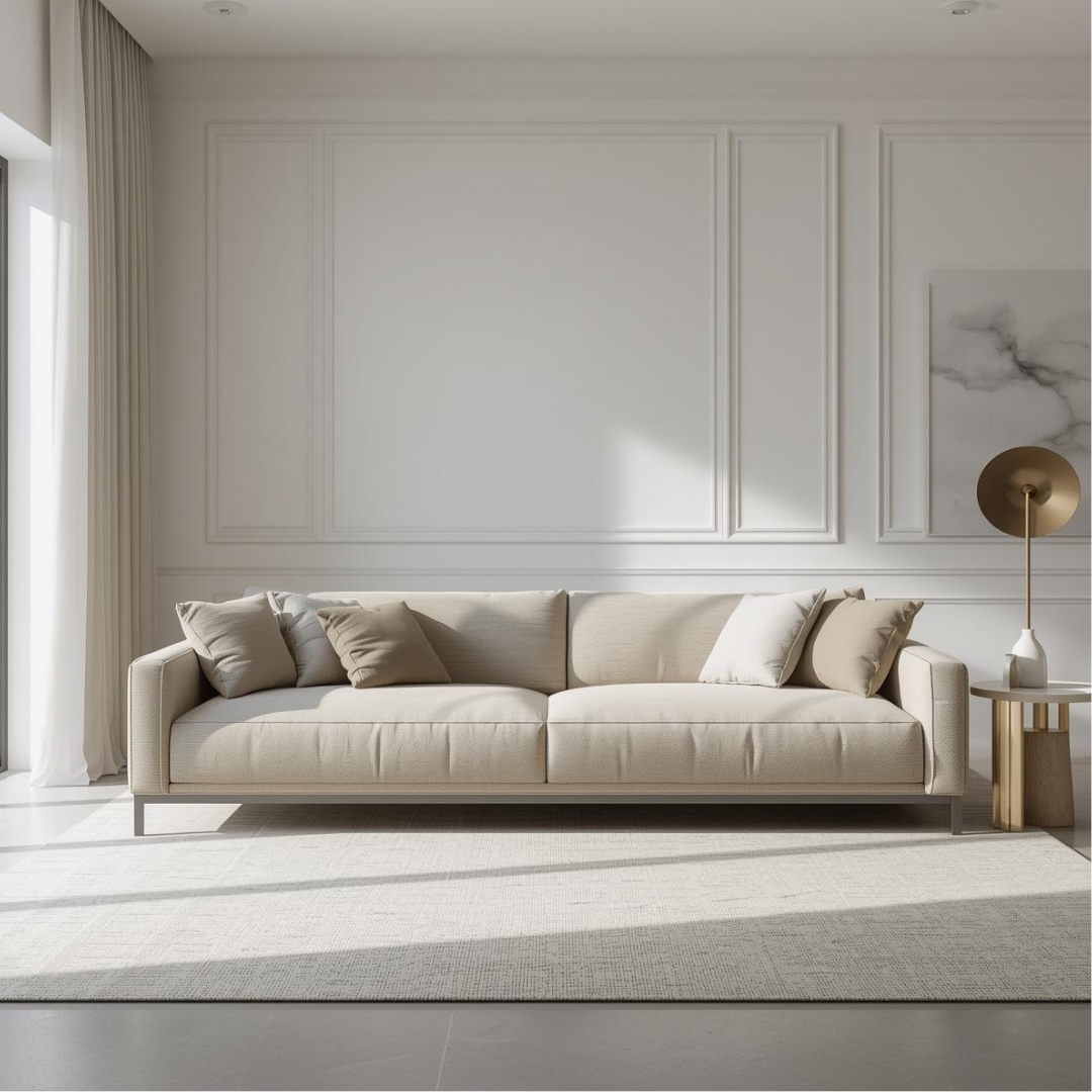 Living contemporan cu canapea confortabilă, decor minimalist și atmosferă echilibrată