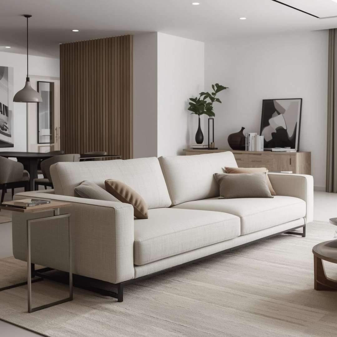 Living modern amenajat armonios, cu canapea integrată în decor și culori neutre