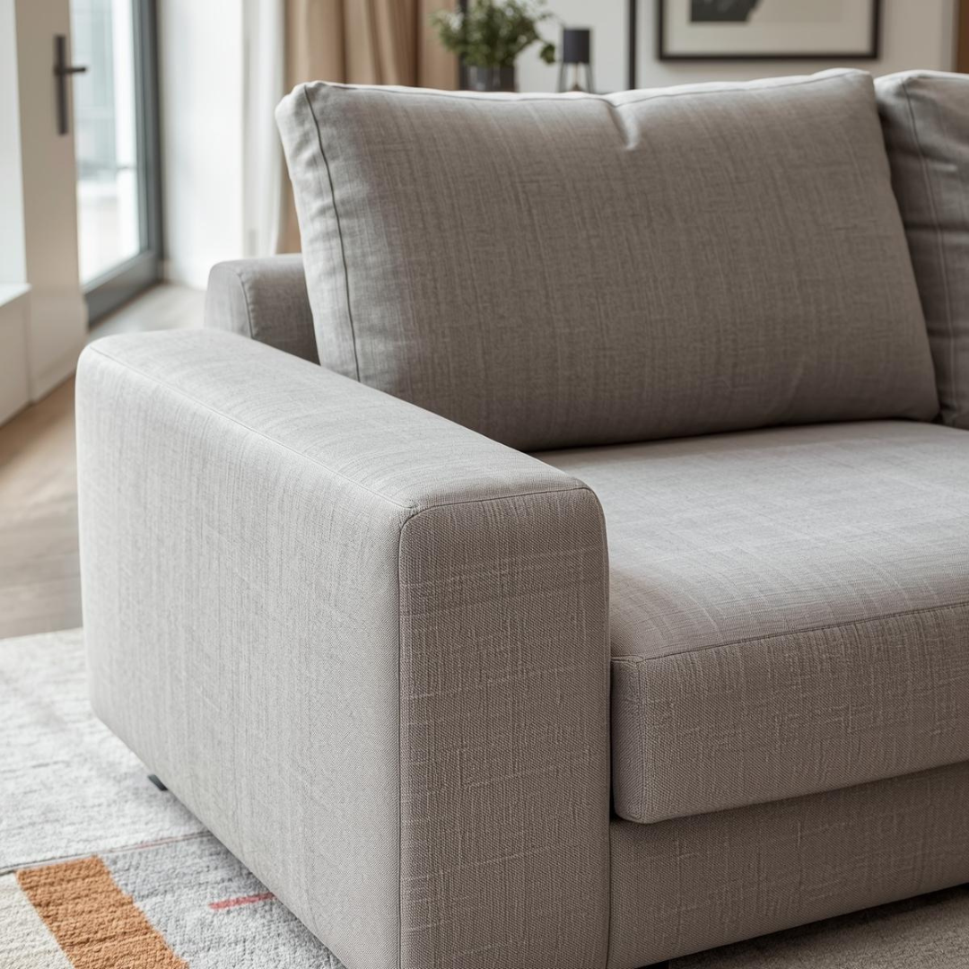 Canapea tapițată cu material textil modern, cu design simplu și funcțional într-un apartament contemporan