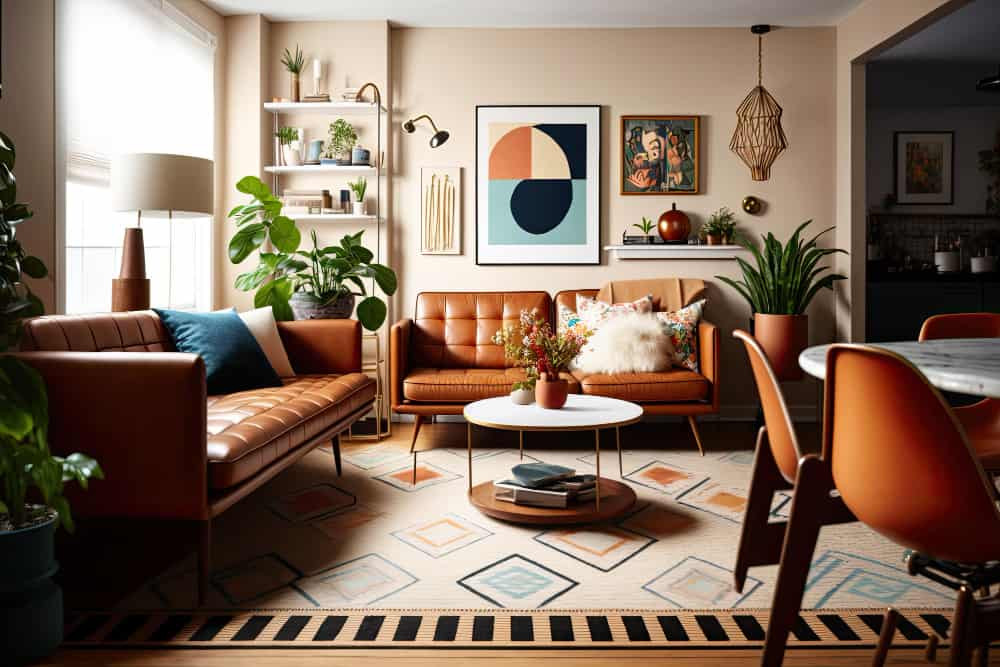 Stil eclectic in design interior - caracteristici - living cu canapele si caunde maro, din piele, plante