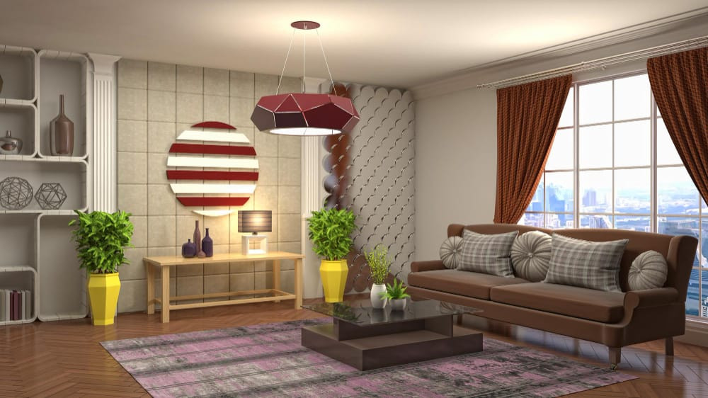 Stil eclectic in design interior - caracteristici- living amenajat cu canapea, plante, masa, oglinda, draperii